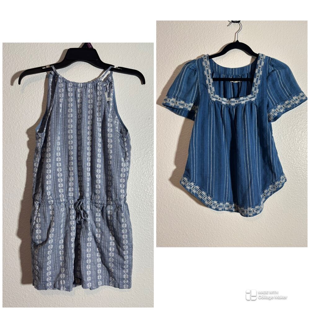 Madewell Size XS Embroidered Blue Chambray Square Neck Top & Sleeveless Romper